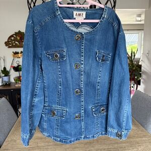AMX Blue Denim Jacket Womens 3X Toggle Button Collarless Stretch Jean Jacket